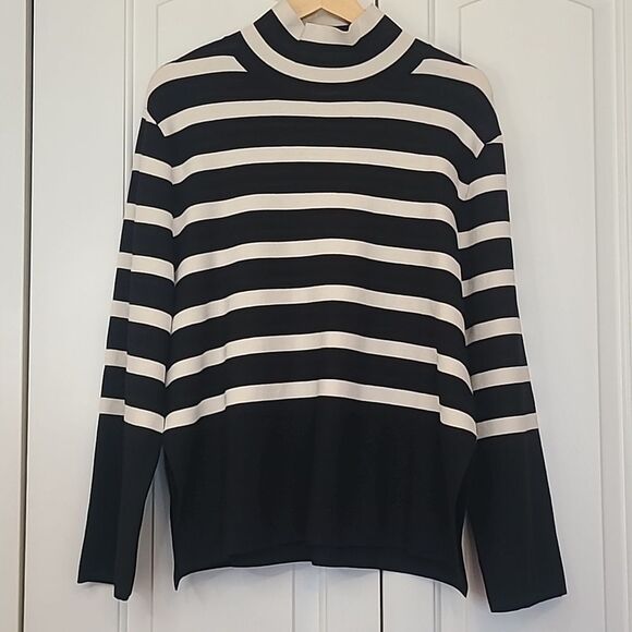 H&M Striped Mock Neck Sweater Black Cream Size M - Picture 2 of 12